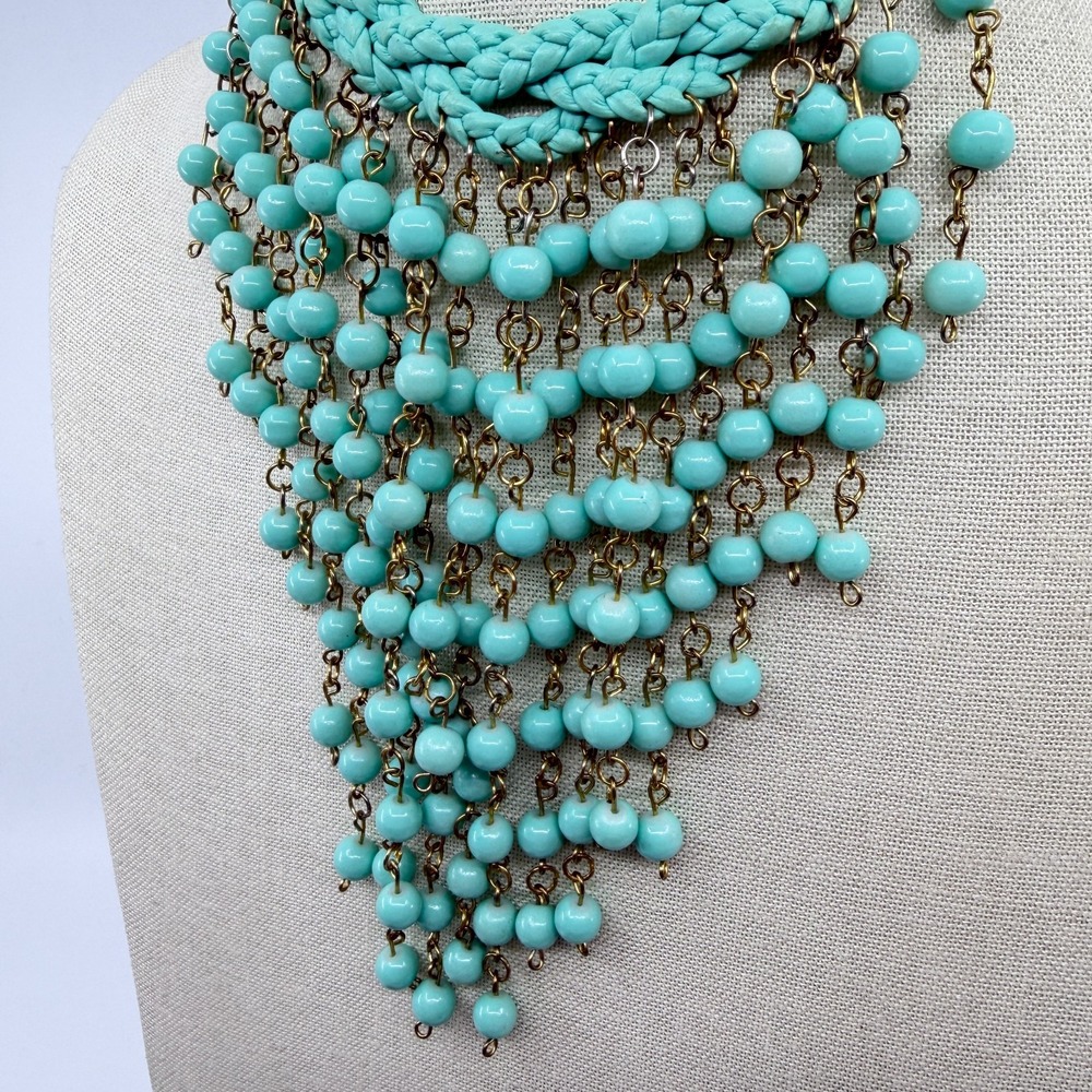 Turquoise Tone Blue Braided Statement Necklace Fringe Boho Festival Layer Gift - Picture 6 of 11
